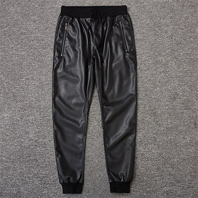 Sidelynlås herre sorte joggerbukser i imiteret læder high street lynlåslommer elastisk talje hip hop motorcykel pu bukser: Sort stil 2 / Xxxl