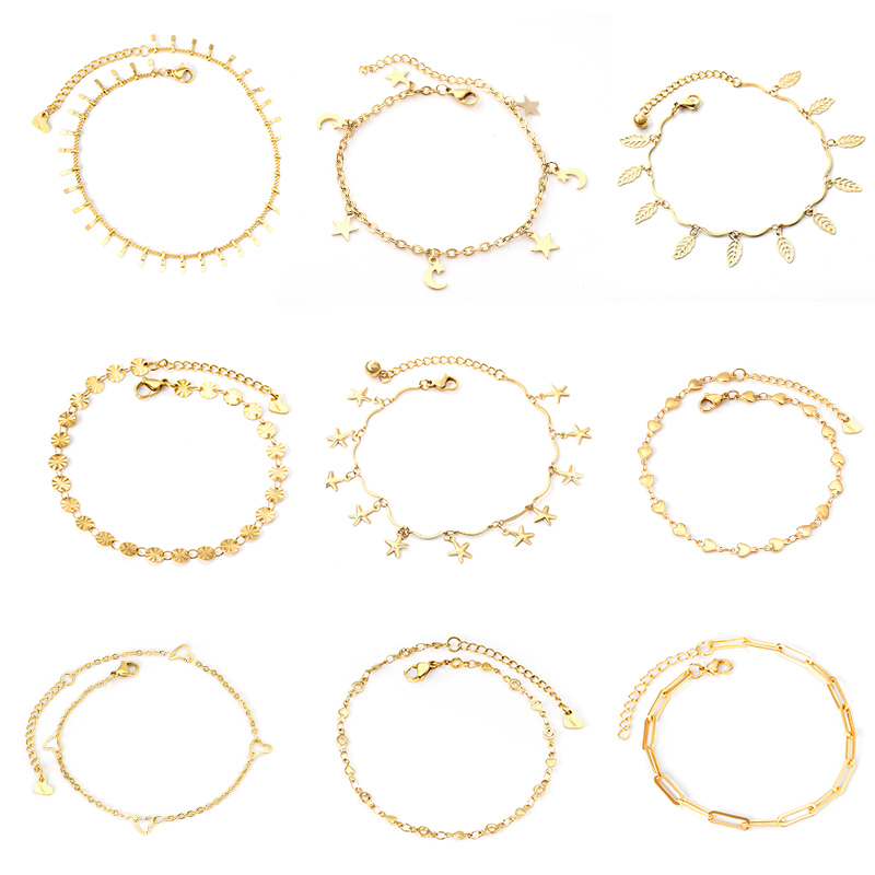 Simple Gold Color Stainless Steel Anklets Bracelets Women Tassel Starfish Leg Chain Heart Tag Foot Jewelry Summer Accessories