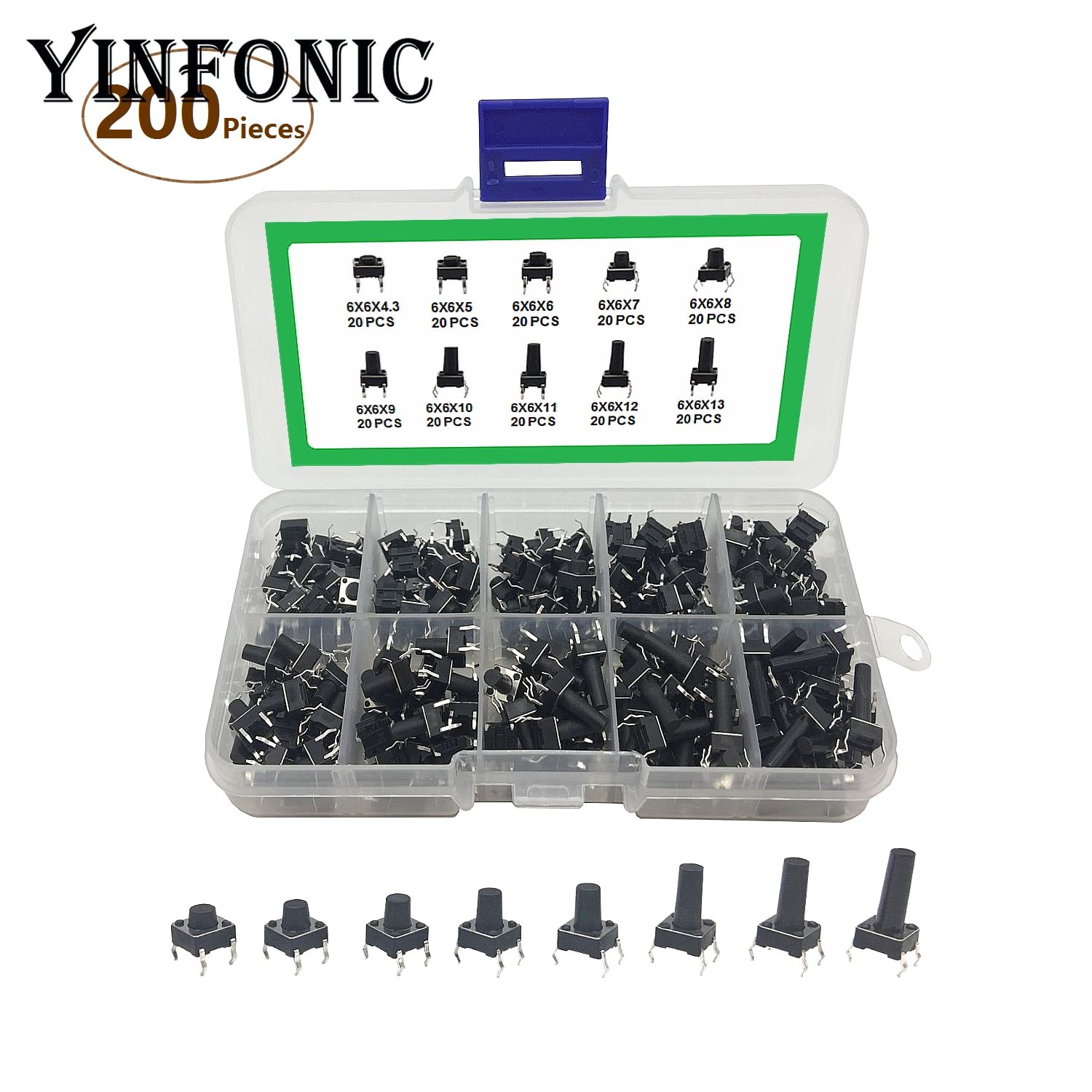 10 valores x20pcs 6x6x4.3-13hmm 4 pinos dip tact switch kit caixa de microswitch
