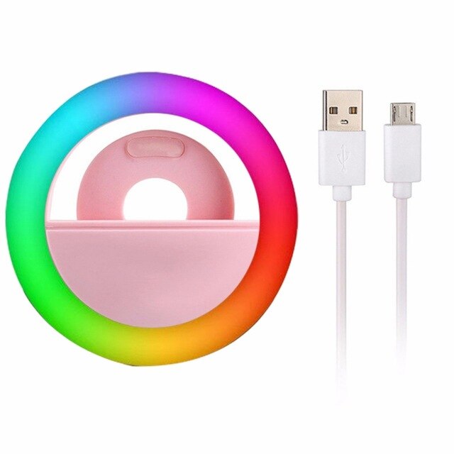 Rechargable RGB LED Ring Mobile Phone Selfie Ring Light Clip-on LED Multi-color Photography Ring Lamp Ringlight for Phone Tablet: Pink