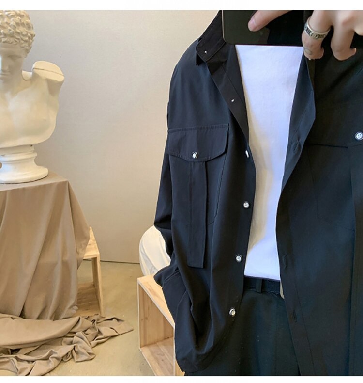 Chemise Cargo à manches longues pour homme, belle veste de Style coréen, uniforme individuel avec cravate, vêtements Hip Hop, printemps automne