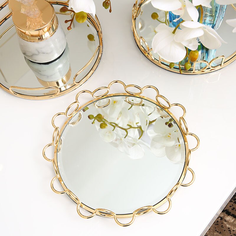 Golden Slag Opbergvak Nordic Glas Spiegel Cosmetische Plaat Desktop Sieraden Display Trays Kaptafel Decoratie Ornamenten