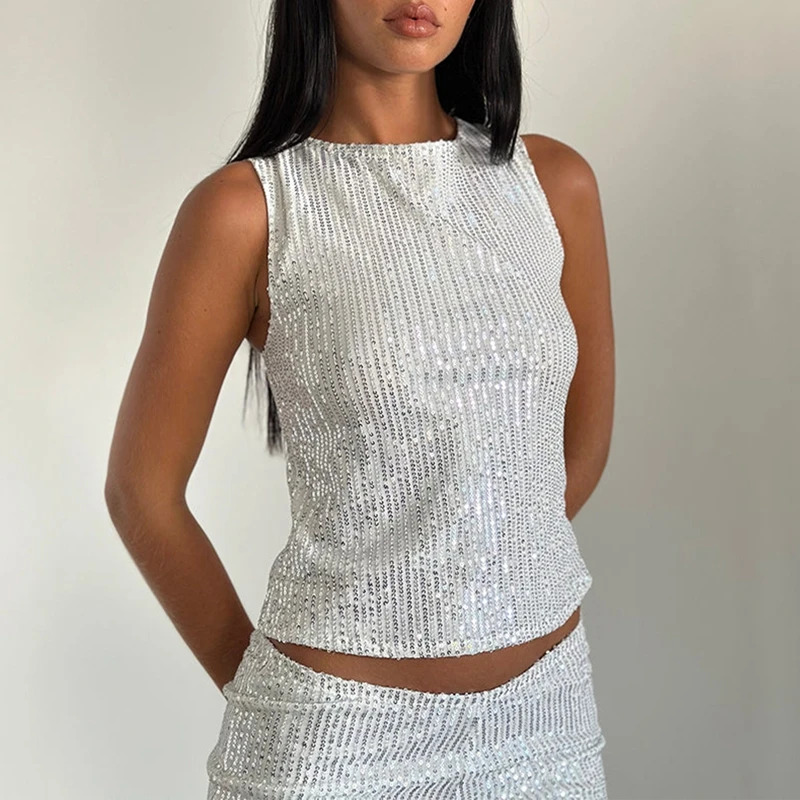 Kvinners paljett-topper langermet glitrende glitter-skjorte t-skjorte skinnende bodycon-bluse sexy fest klubbklær t-skjorte dameklær: L / Elfenben