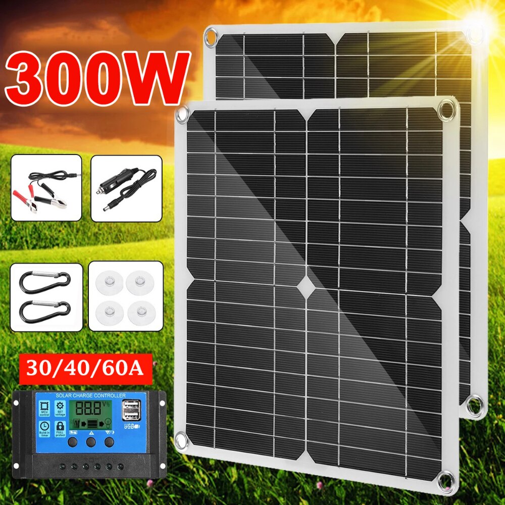 300w kit de painel solar completa dupla 18v usb 60a controlador gerador solar portátil para a energia móvel relógio telefone carregador bateria