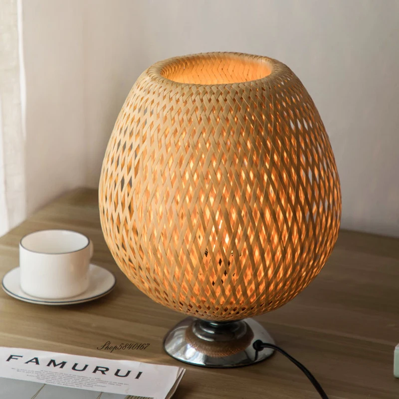 Vintage Bambus Tisch Lampen Chinesischen Stil Handgemachte Holz Schreibtisch Lampe für Wohnzimmer Schlafzimmer Dekoration Kreative E27 Neben Lampe