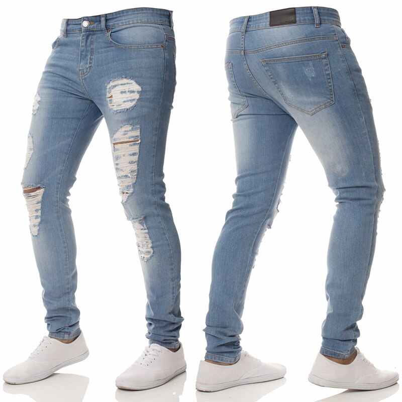 Homme déchiré trou jean hommes charmant pantalon serré jeunesse Hip Hop fermeture éclair Streetwear Stretch crayon pantalon