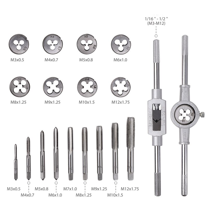 Handverktyg 20 st kran- och matrisuppsättning metrisk gängkran och matris justerbar krannyckel 1/8-1/2 3mm-12mm skruvkran