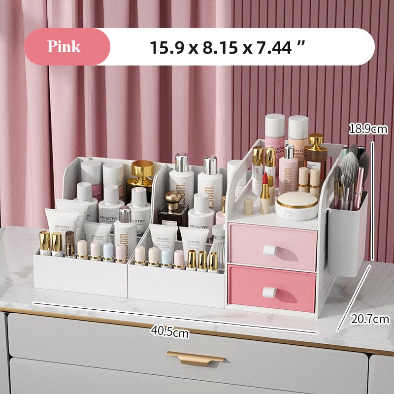 Dresser Organizer For Cosmetics Box Plastic Table Facial Makeup Dust-proof Drawer Rack Bathroom Living Room Storage Container: 2 plus 1 Pink