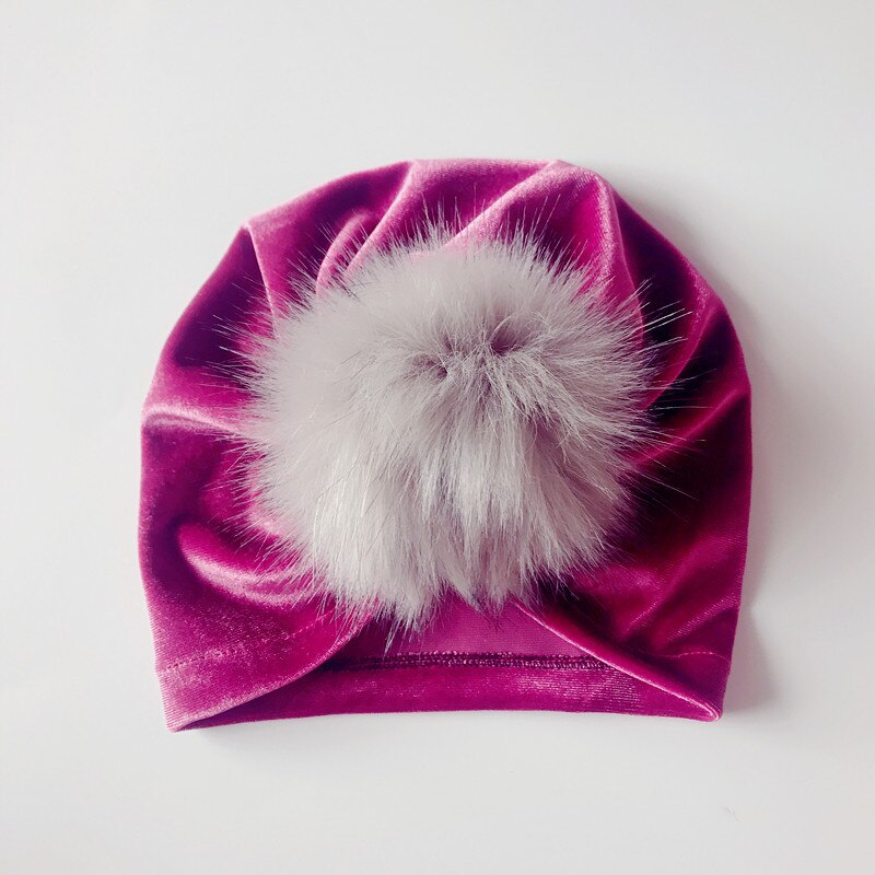 Baby turban hattar vår höst barn sammet mössor barn mössa pompom päls hatt varm flicka mössor: Skrikrosa