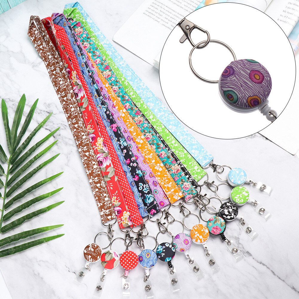 1PC Printed Fabric Lanyard Badge Reel ID Card Holder Clip Mobile Phone Neck Hanging Rope Floral Print Straps Office Supplies