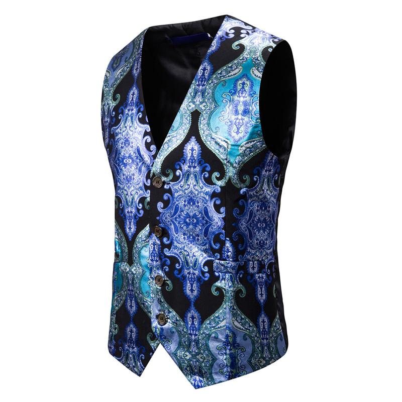 Palace style imprimé costume gilet fête étape Unique col en V gilets et gilets pour hommes blanc bleu: Black blue1815-XJ20 / S