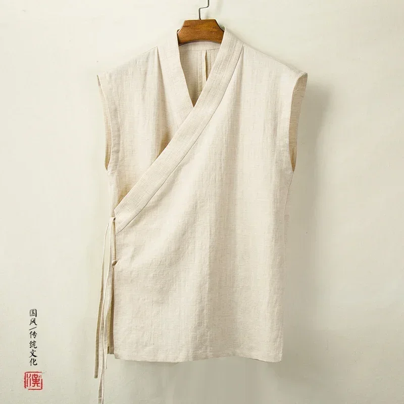 Roupas tradicionais chinesas hanfu colete masculino linho algodão sem mangas top masculino tang terno quimono cardigan: 4XL / Cáqui