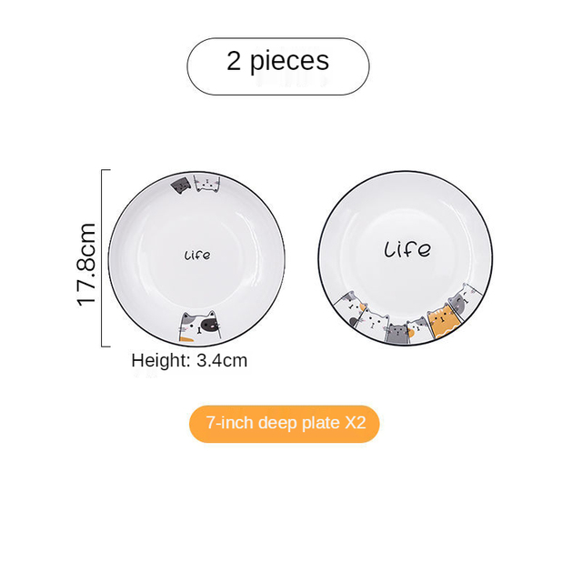 Cute Ceramic Plate Household Plate Cat Tableware Cartoon Plates Breakfast Tray Cake Plate on Plate Utensils KEDICAT: Cat plate set e