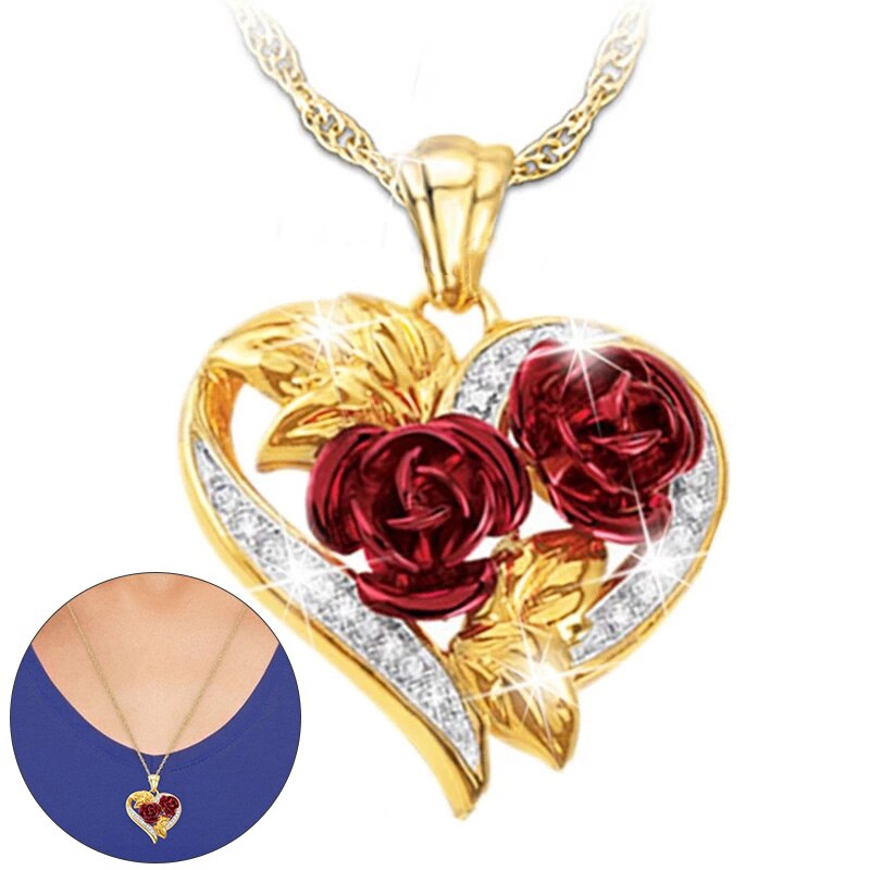 Liefde Hart Rode Roos Hanger Ketting Voor Vrouwen Meisje Goud Kleur Ketting Choker Mode-sieraden Christmas Valentijnsdag