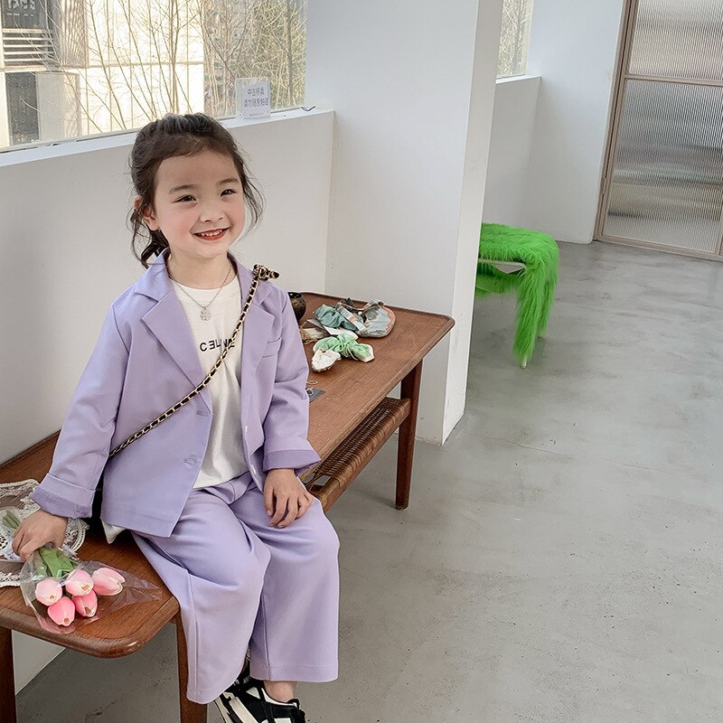 Lente Kinderen Casual Pak Outfits Mode Effen Kleur Pak Jas En Wijde Pijpen Broek 2 Stuks Meisjes Kleding Sets