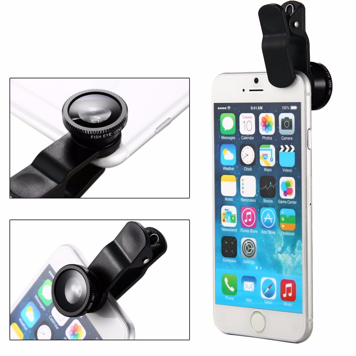 5-en-1 grand Angle Macro Fisheye lentille 2x grossissement caméra Kits téléphone portable poisson yeux lentilles avec pince pour iPhone pour Samsung