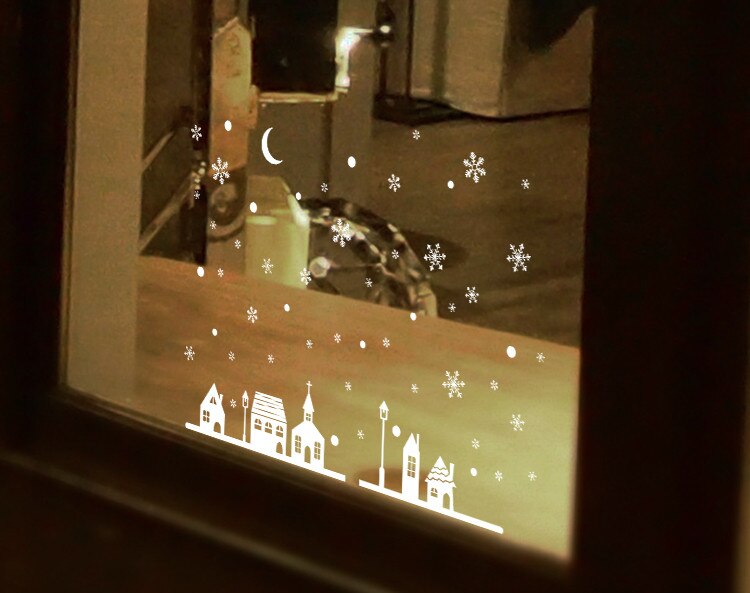 Christmas Night Snow View With Moon Snowflakes Town Decoration Shop Glass Window Wall Stickers Wallpaper Home Decals Ornament