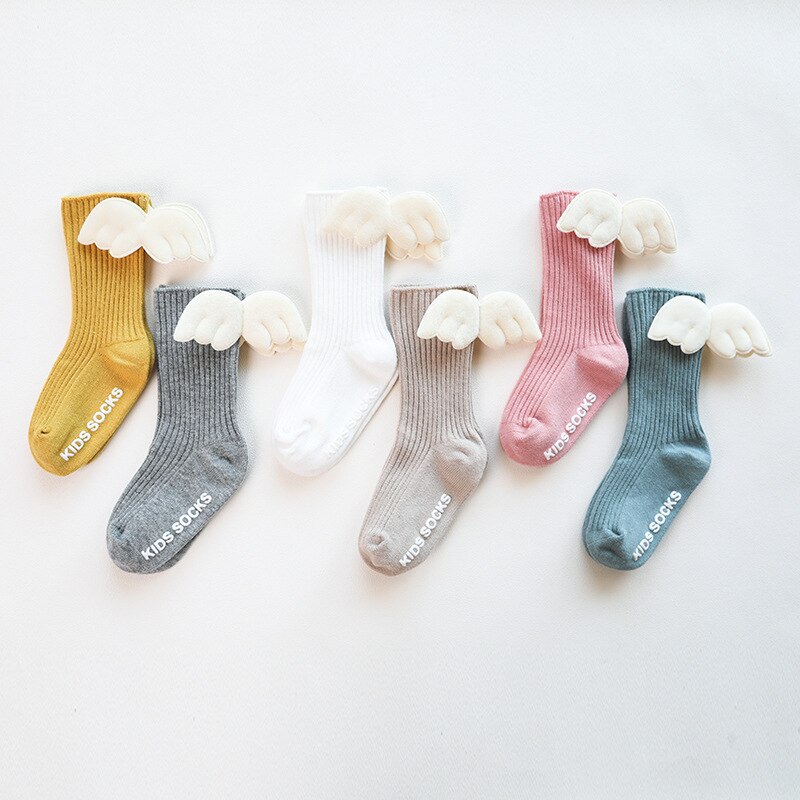 Angel Wings Baby Socks Spring Autumn Cotton Baby Girls Socks Solid Color Anti-Slip Kids Children Middle Tube Sock Sokken 1-3Y