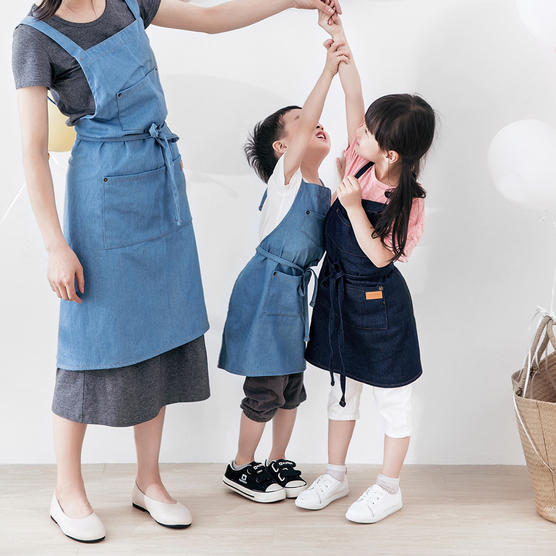 Huishoudelijke Keuken Moeder & Dochter Schort, Kinderen Katoen Linnen Schilderij Jeans Schort, bib 2 Zakken Koken Bakken Kids Schort