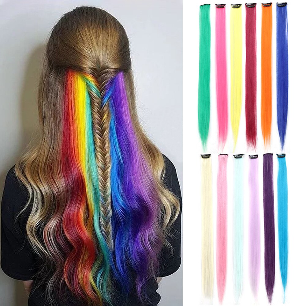 Clip In Een Stuk Kleur Haar Lange Golvende Kleurrijke Regenboog Synthetisch Hair Extensions 22 Inch Party Hoogtepunten Voor Vrouwen Kids meisjes: 12 Pcs
