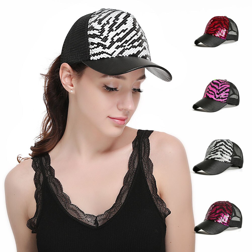 Mannen Vrouwen Baseball Hoed Dubbele Kleur Zebra-Streep Mermaid Pailletten Mesh Casual Cap -MX8