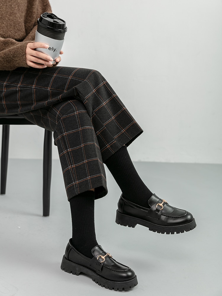 Seoulish Herfst Winter Wollen Plaid Vrouwen Formele Rechte Broek Hoge Taille Enkellange Chic Losse Dames Broek pocket