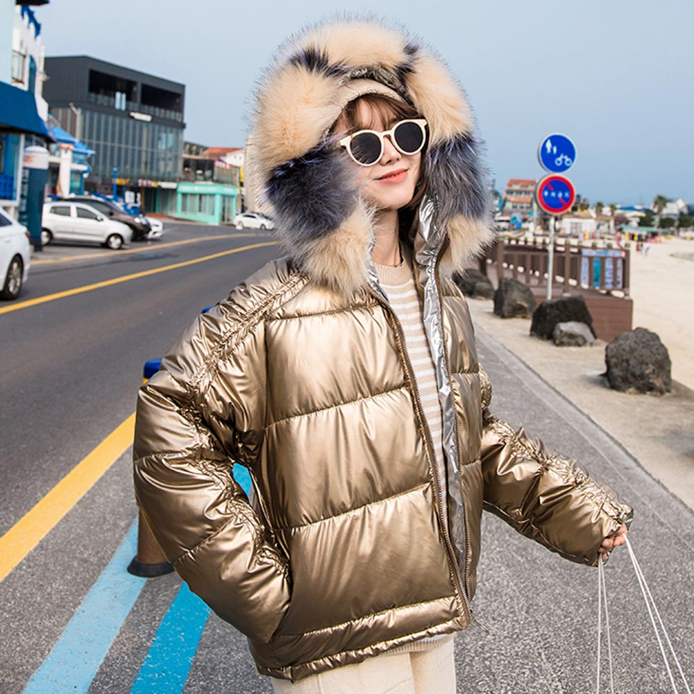 PinkyIsBlack mujer invierno Parkas chaqueta abrigo brillante cálido mujeres Abrigo con capucha de piel corto algodón acolchado chaqueta de invierno Mujer: Dorado / M