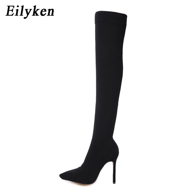 Eilyken Zwarte Vrouwen Dij Hoge Laarzen Mode Elastische Slanke Hoge Hakken Over De Knie Laarzen Sexy Skinny Lange Sok Laarzen schoenen: 9