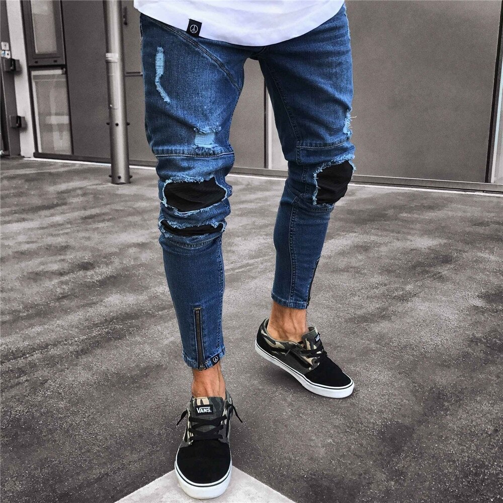 heiße Kunst Und Weise Männer Jeans Schlank Radfahrer Reißverschluss Denim Dünne Ausgefranst Beiläufige Bleistift Hosen betrübt Ruhe in Frieden Hosen Männlichen: S