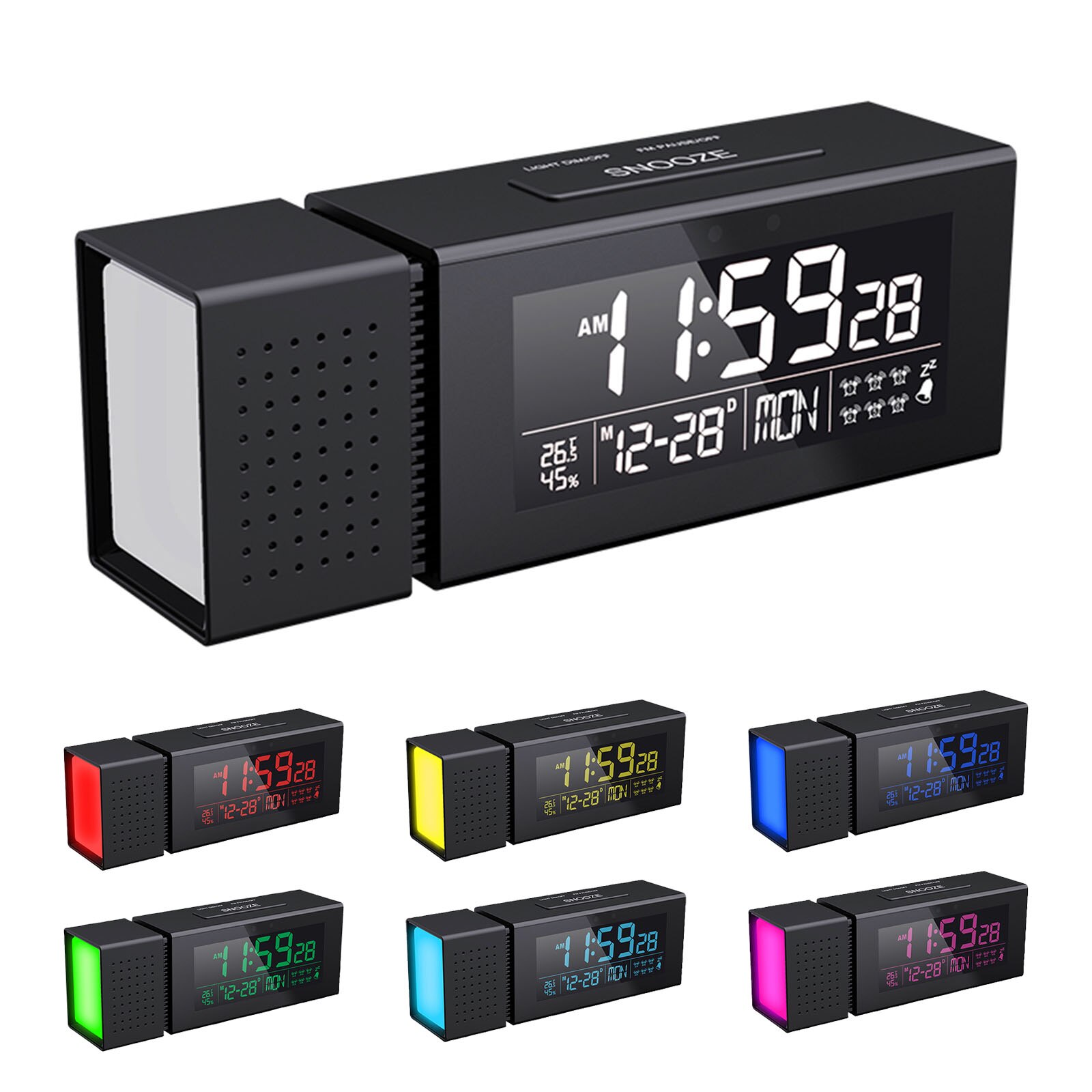 5-in-1 Alarm Clocks IR Function FM Radio Desk Table Clocks Temperature Humidity Monitor Wall Clocks with 7 Color Night Lights
