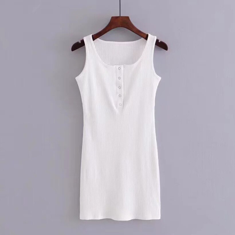 Ellacey Spring Summer Knitted Dress Female O-neck Button Brief Mini Dress Sleeveless Tank Sheath Bandage Dress