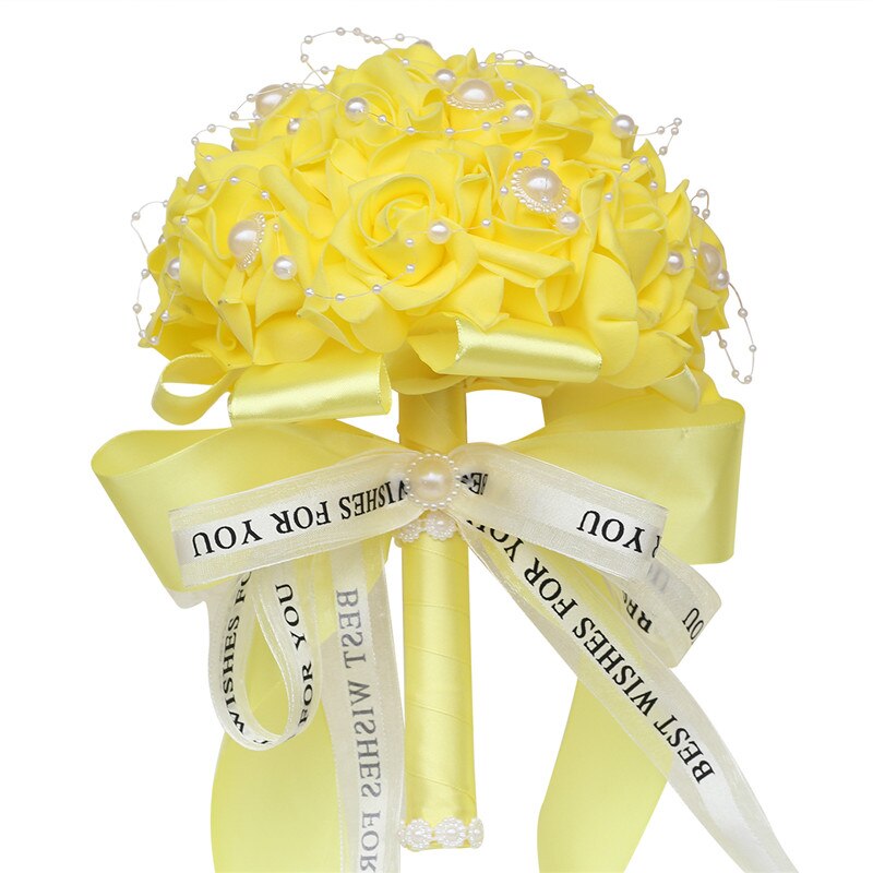 Fleur Rose PE Bouquet demoiselle d'honneur tenant des fleurs mariée ruban De soie Bouquets De Mariage mousse Rose avec perle fête De Mariage W205: yellow