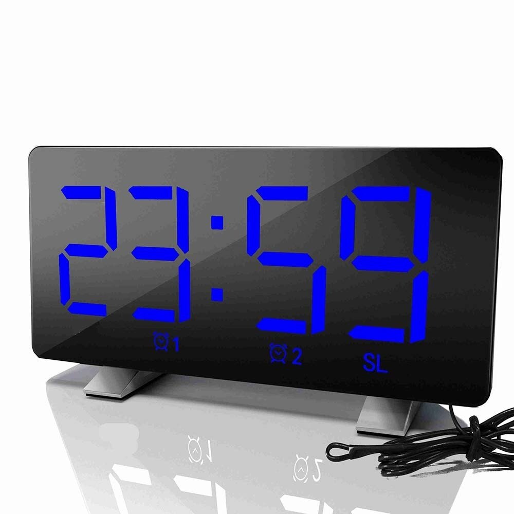 Réveil numérique miroir | Radio Led Fm, fonction de Snooze, grand affichage, éclairage réglable, Table, horloge, horloge de bureau: Blue