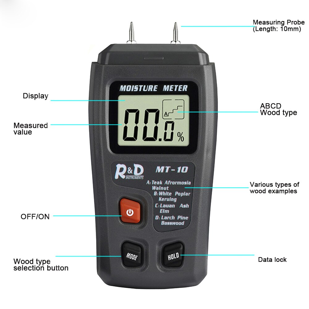Medidor de humedad de madera MT10, higrómetro, Detector de humedad de madera, probador Digital de densidad de árboles gris EMT01