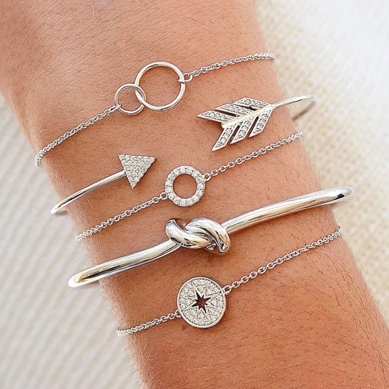 5 Stks/set Bohemian Arrow Crystal Kompas Ronde Geknoopt Geometrische Chain Verstelbare Multilayer Armbanden Set Vrouwelijke Charme Sieraden