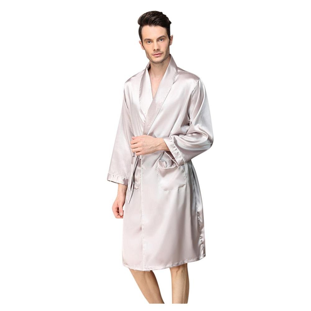 Homme Satin de soie peignoir Robe longue solide soie pyjama hommes soie chemise de nuit vêtements de nuit kimono homme amant Robe de chambre: WHITE / XL