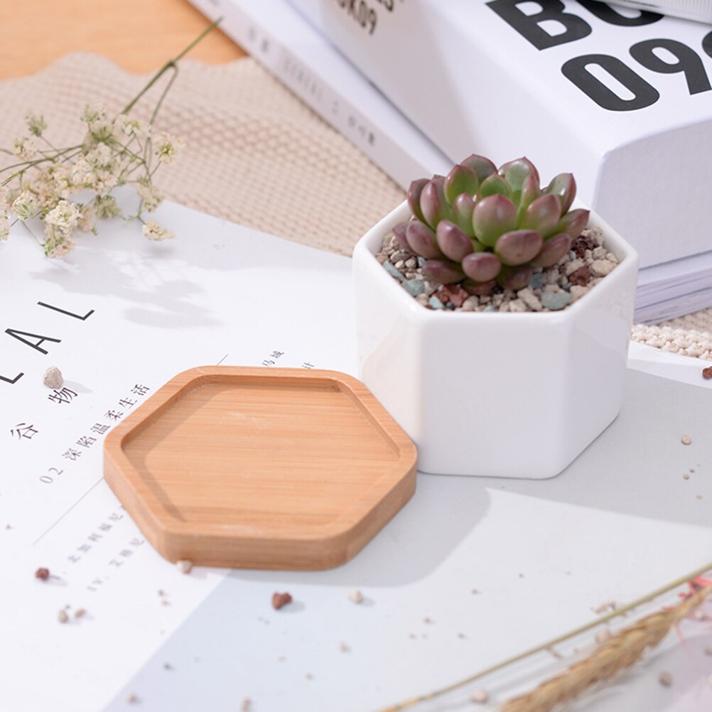 3 sets van Kleine Witte Keramische Zeshoekige Succulent Containers Plant Pot Cactus Planter Pot met Bamboe Lade
