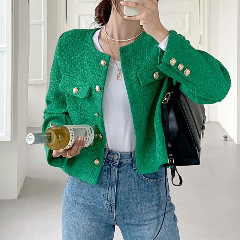 Cappotto di Tweed di lana francese moda bottone d'oro di fascia alta corto temperamento sottile autunno inverno cappotti coreani giacca donna corea 2023: L / green
