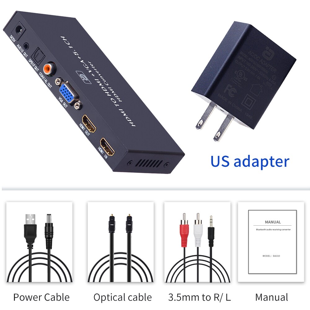 Extracteur Audio compatible HDMI vers convertisseur VGA 5.1CH Dolby AC3 DTS avec adaptateur optique SPIDF Coaxial Jack 3.5mm vga MHL HD320: Rouge