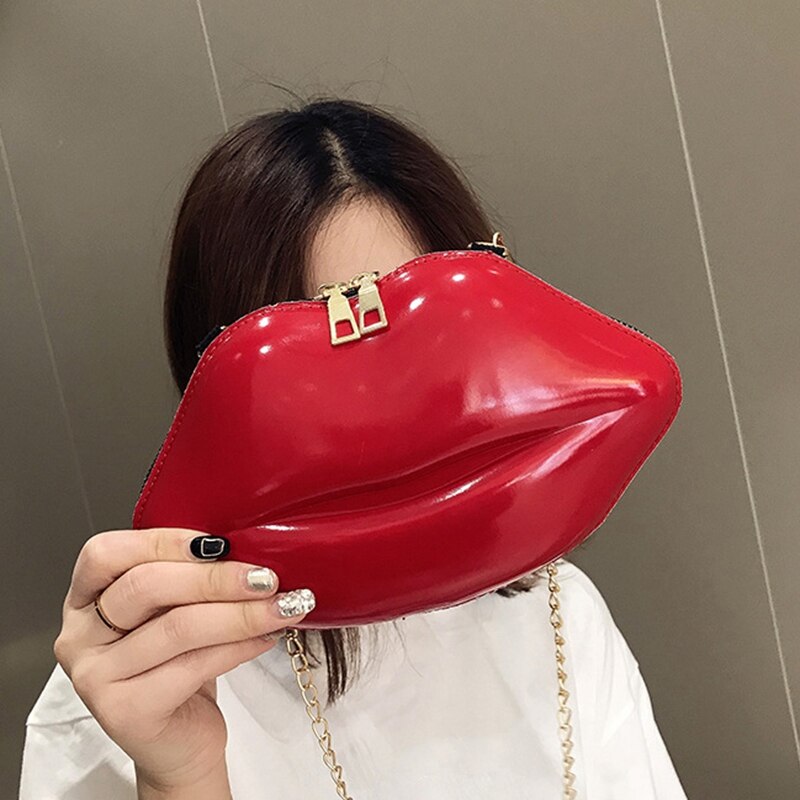 Bolso de mano con forma de labios rojos para mujer, bandolera de piel sintética con cadena, bolso de noche con forma de labios