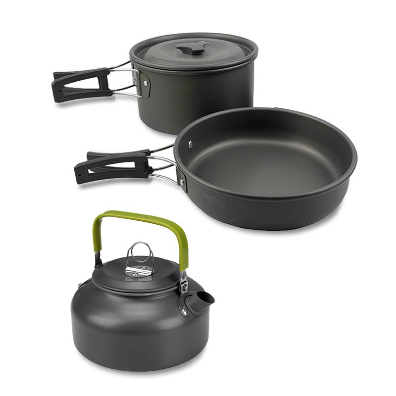 3Pcs Outdoor Kookgerei Camping Koken Pot Keukengerei Kit Opvouwbare Draagbare Geïsoleerde Handgreep Pan Backpacken Waterkoker