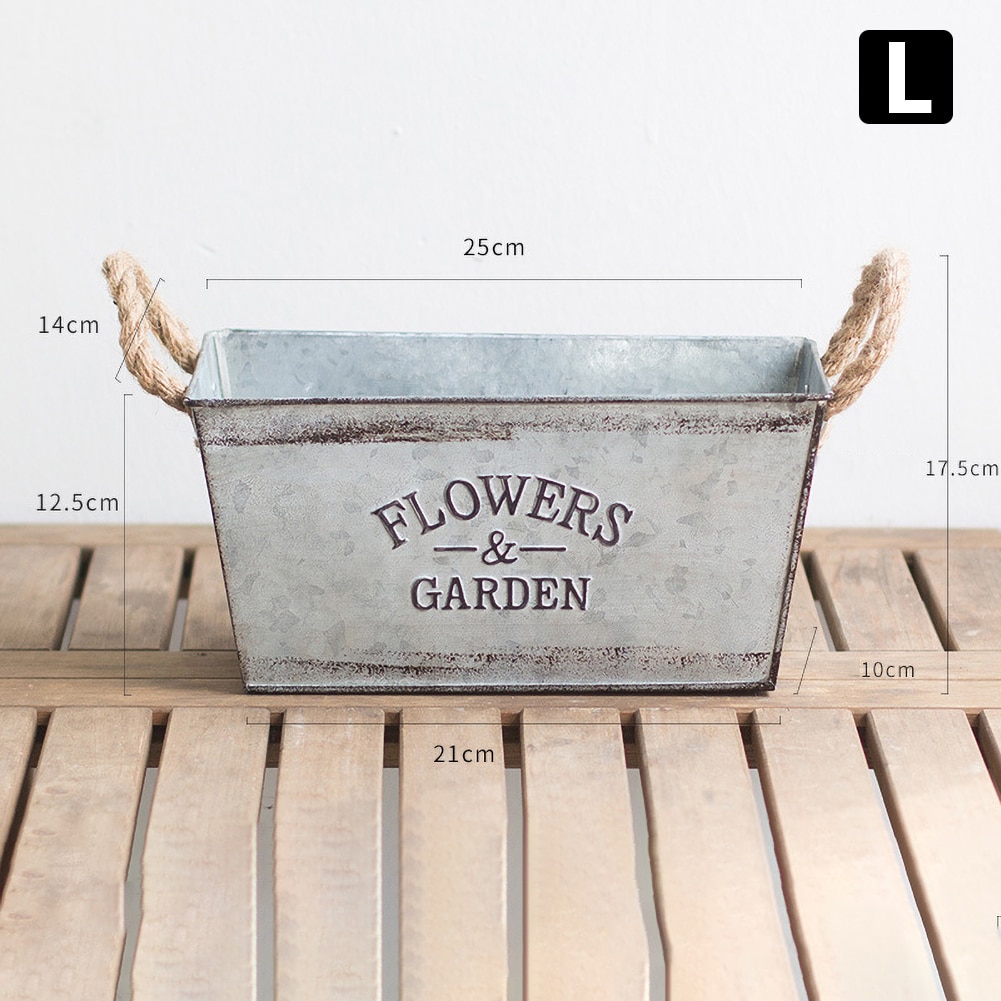 Flowers Garden Twine Handles Iron Vase Succulent Plant Container Balcony Decor Retro Bucket Metal Succulent Plant Container