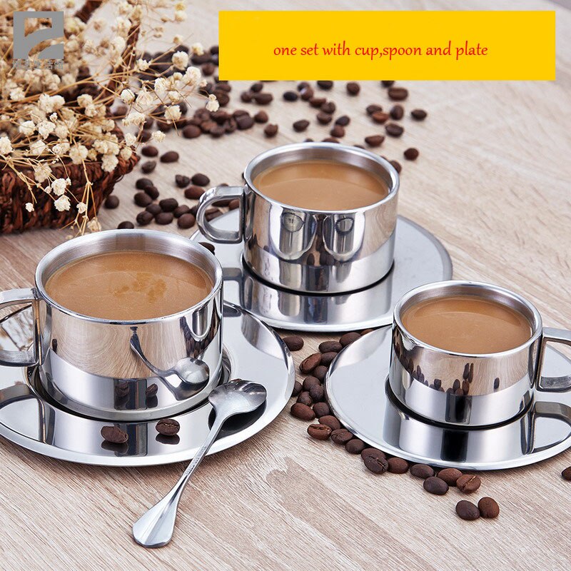 220ml Large Size Coffee Cup Set High Grade Coffee Mug Tea Cups With Spoon And Plate Stainless Steel Tea Cup Set