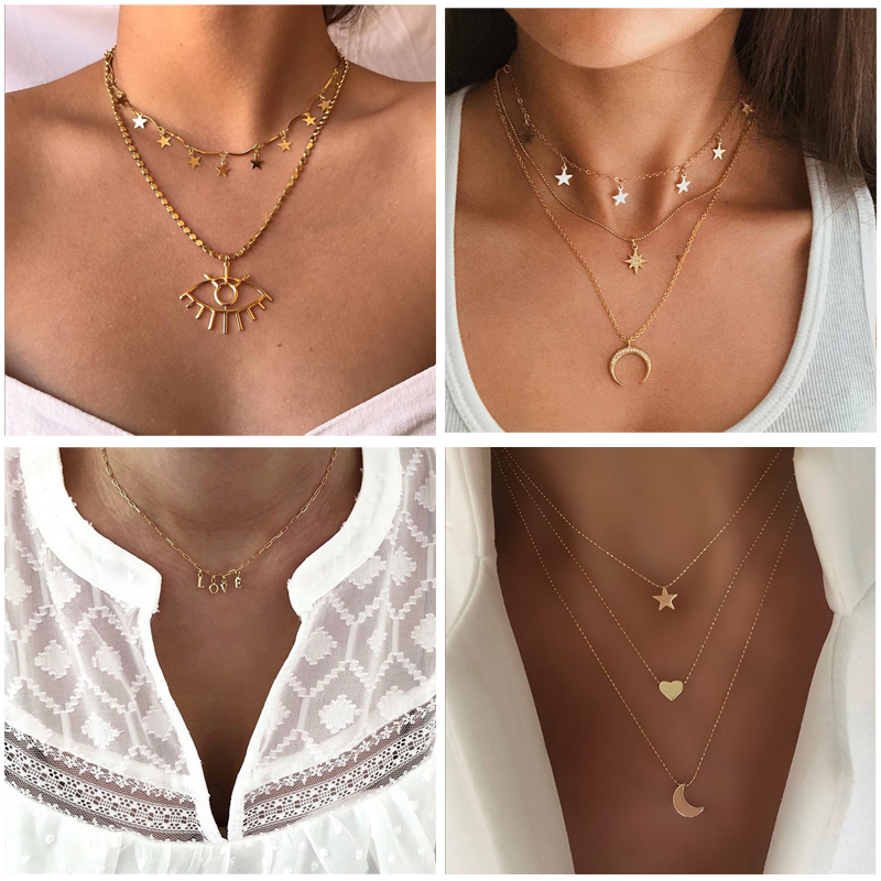 Neue Bohemien Multi geschichtet Halskette für Frauen Sterne mond Jahrgang herz Charme Halsband Partei Anhänger Halskette Geometrische Schmuck