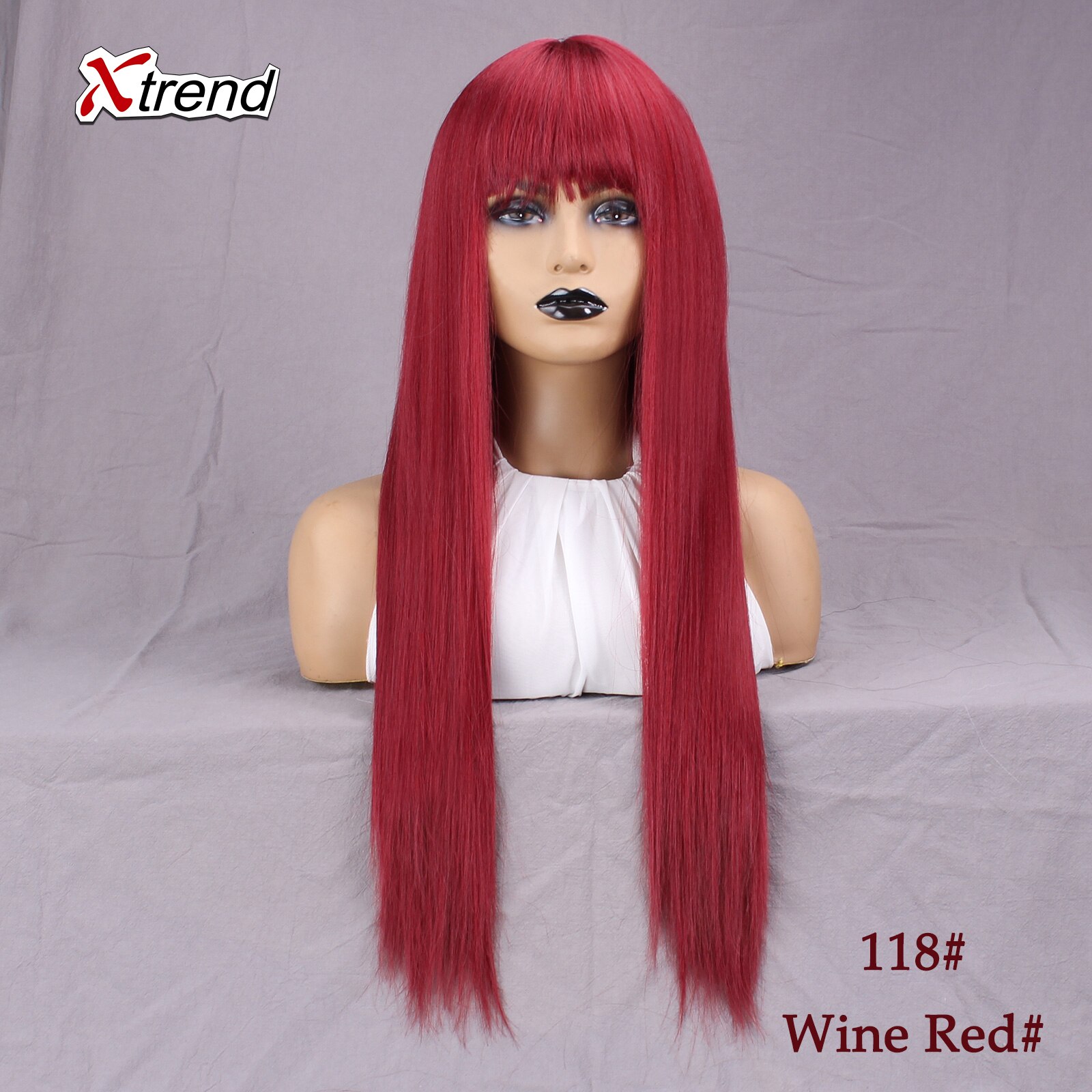Xtrend Synthetic wig 26 Inch Straight Wig With Bangs Long Hair Wigs for Women Heat Resistant for Daily Halloween Cosplay Party: 118 Wine Red