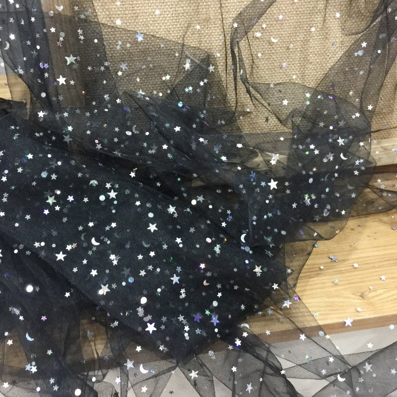 5 yards off white black tulle lace fabric with gold silver stars, bridal gown wedding dress fabric veils tutu dress 150cm wide