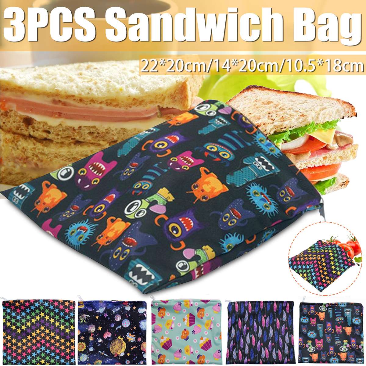 3PCS Reusable Snack Bag Food Storage Bags Leakproof Waterproof Lunch Bread Sandwich Bag Pouch For School Camping Food Organizer