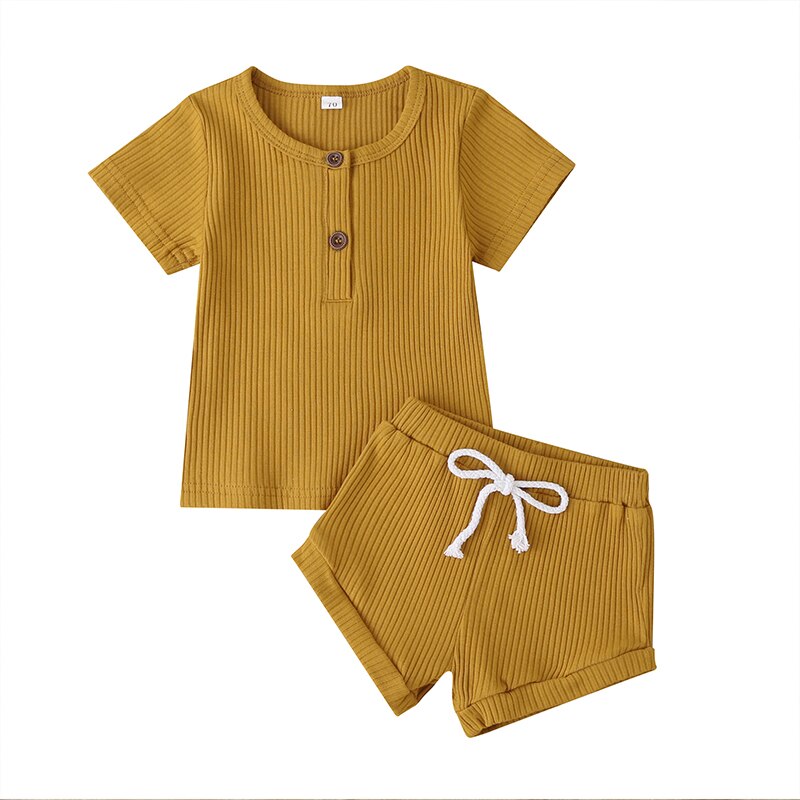 2021 set da bambino neonate ragazzi abiti lavorati a maglia neonato T-Shirt manica corta Top pantaloncini tinta unita abiti estivi per 6-24M: Beige / 18m