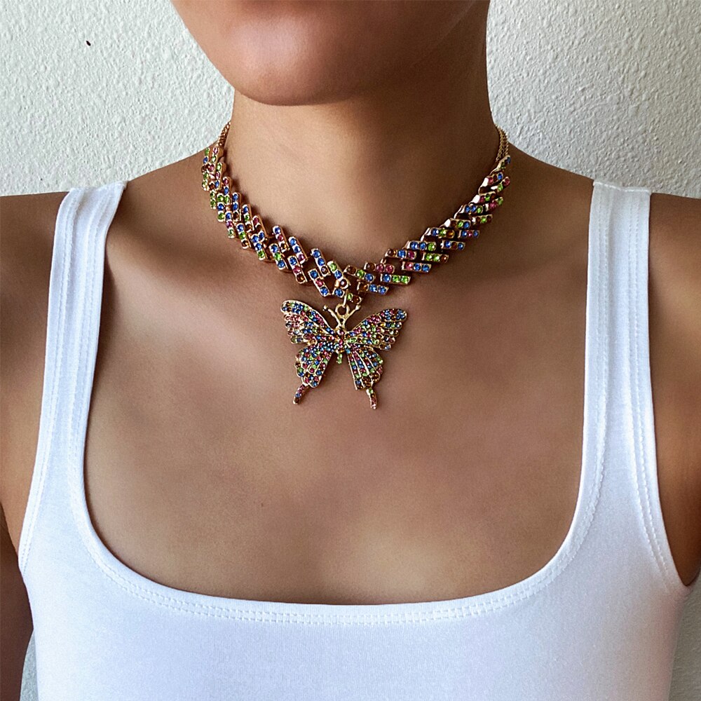 Collar de mariposa grande para mujer, cadena de eslabones cubanos de diamantes de imitación, Gargantilla con estilo, joyería Y2k de lujo