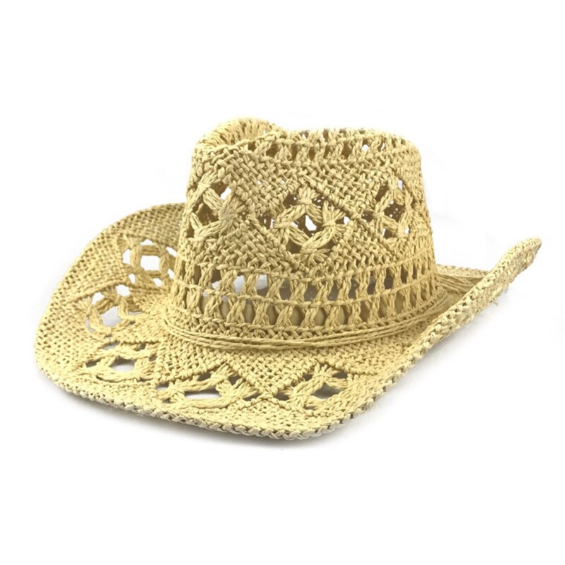 Hollow Out Men Straw Hat Western Cowboy Hat Beach Cap Solid Color Unisex Shading Hand Made Summer Hat: 04